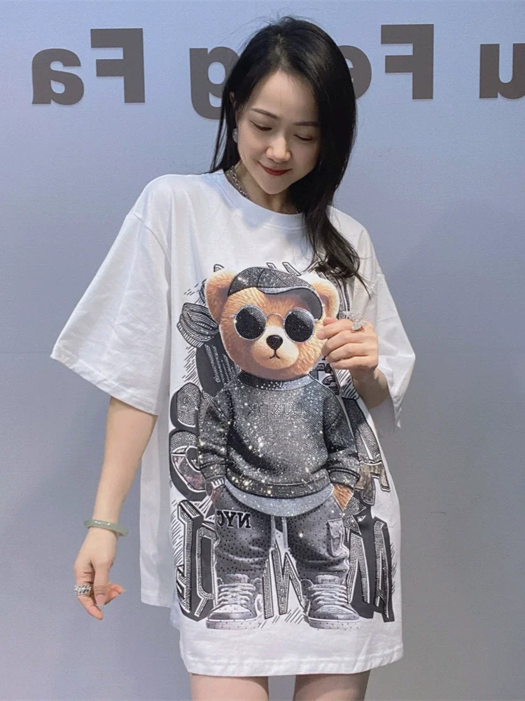 

Autumn Winter Thickened Brushed Half Sleeve Cartoon T-Shirt European Style Rhinestone Loose Short Sleeve Cotton T-Shirt