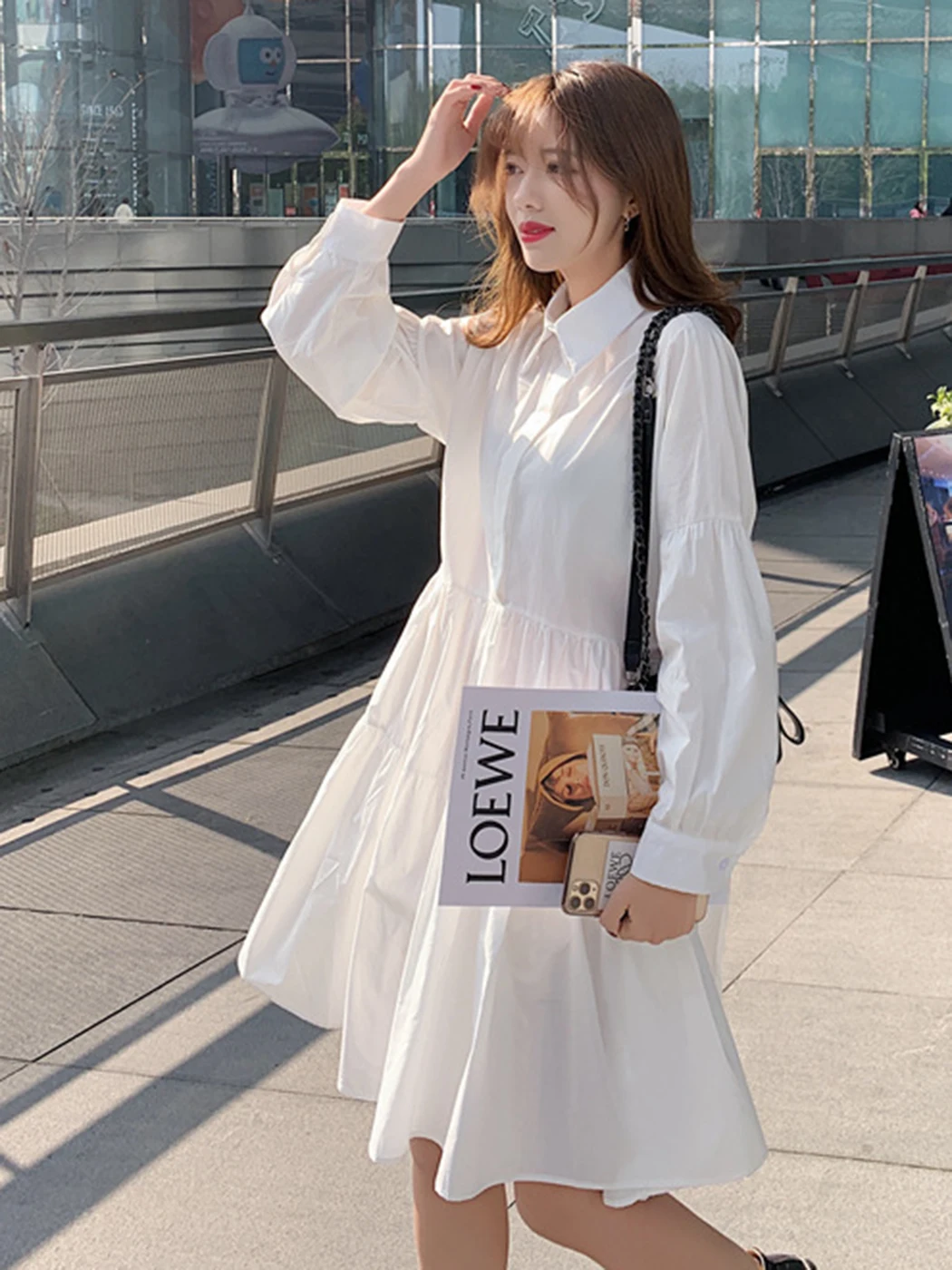 New Autumn Cotton Loose Casual Midi Dress Turn Down Collar Long Sleeve A-line Women Dress Button Simple White Female Clothes