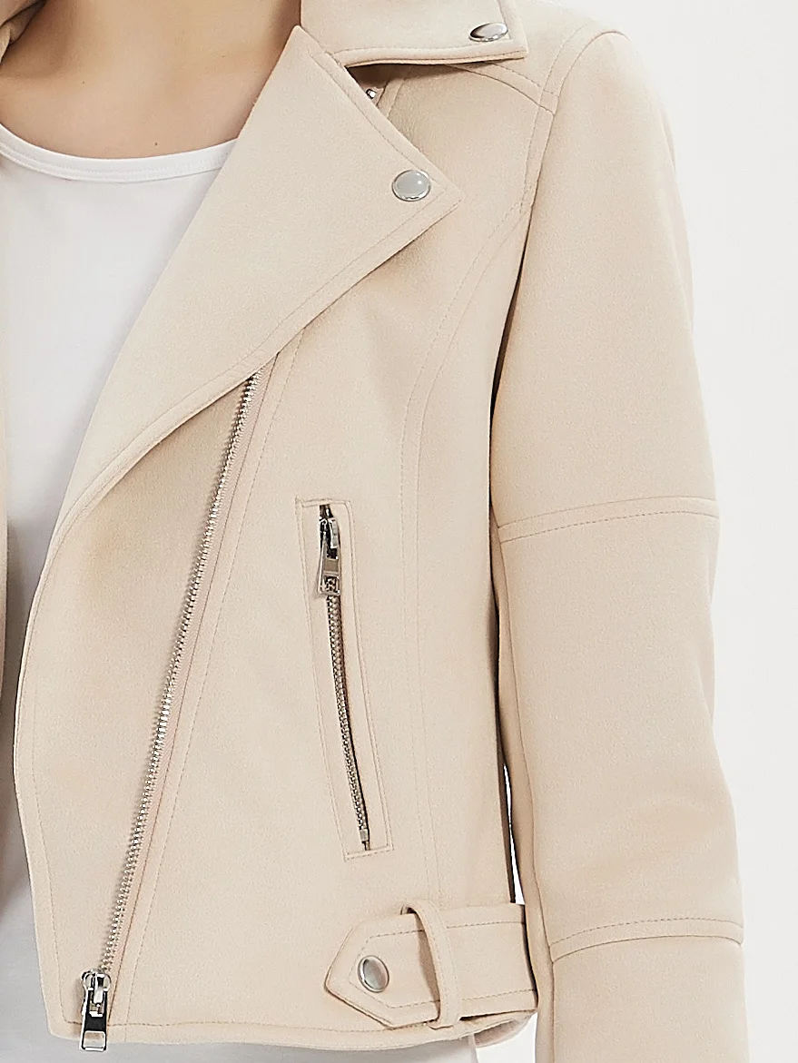 Women's Elegant Smooth Soft Faux Suede Leather Jackets Office Lady Casual Short Beige Matte Zipper Front Pocket Coats Outerwear