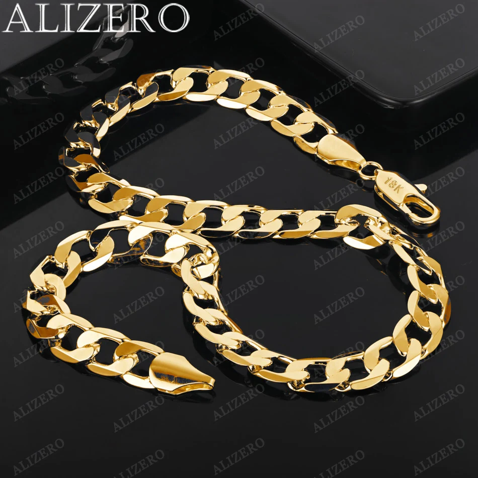 ALIZERO 18K Gold Necklace 16/18/20/22/24/26/28/30 Inch 12mm Flat Side Chain Necklaces For Men Women Fashion Fine Jewelry Gifts