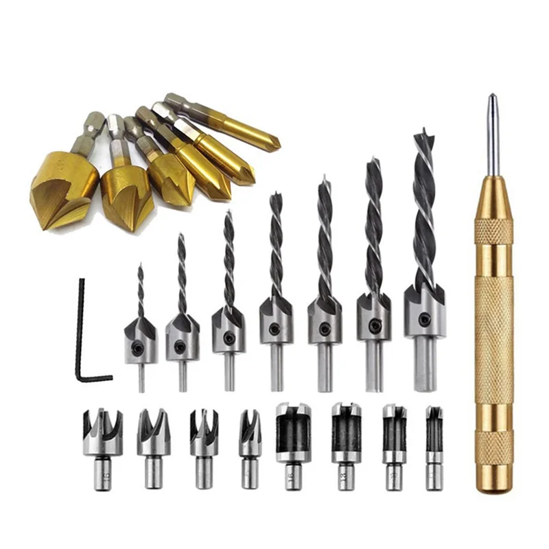 23Pcs Center Punching Three-Pointed Woodworking Drill Wood Plug Cutter Silver&Black&Gold-AT64