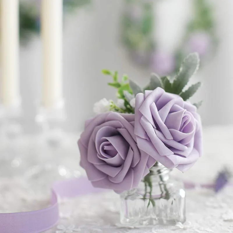 Flores artificiales de aspecto Real, 25 piezas, lavanda púrpura, colores degradados, rosas falsas de espuma con tallos para ramos de boda DIY