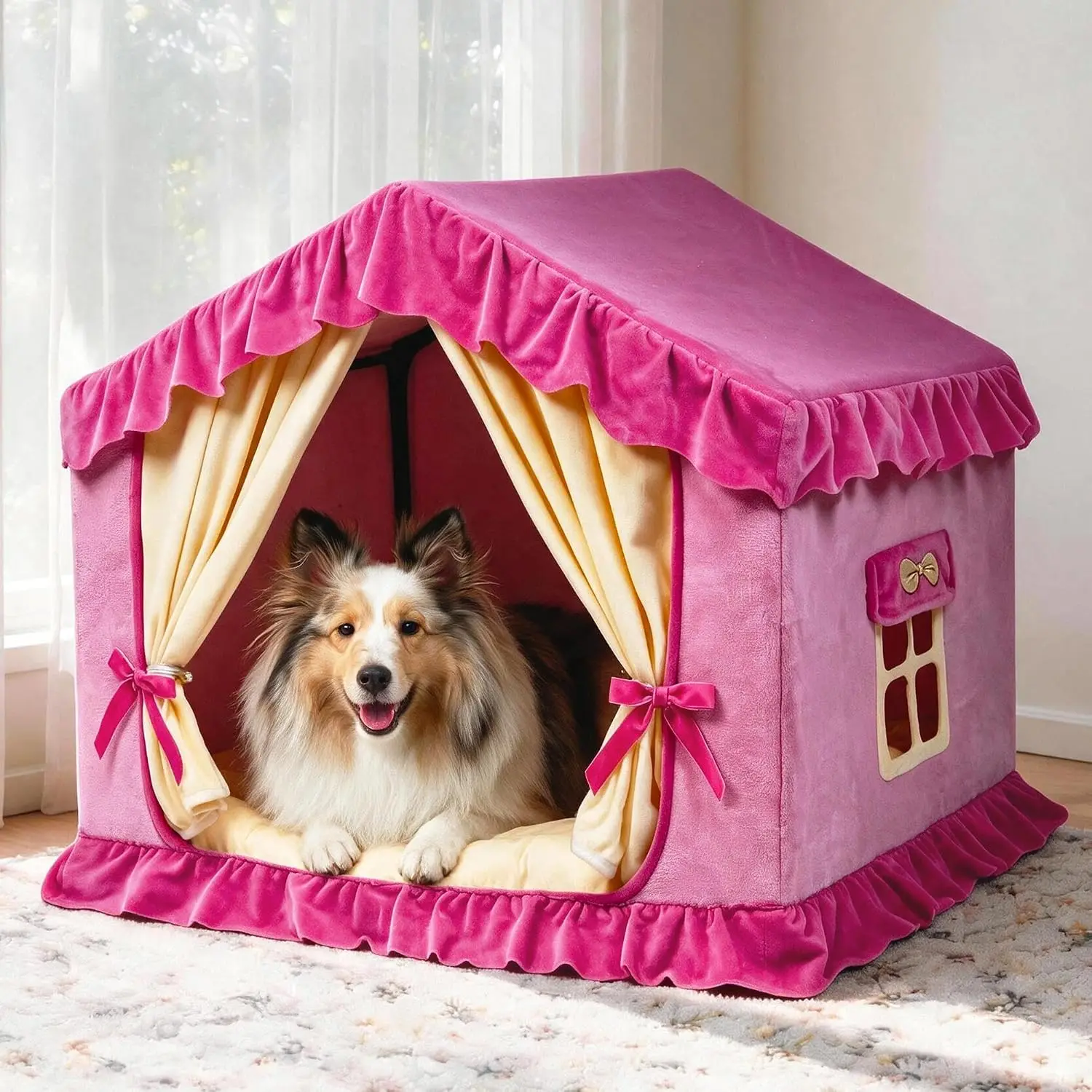 Indoor Dog House, Pink Plush Pet Cave Bed & Igloo-Style Dog Hideaway