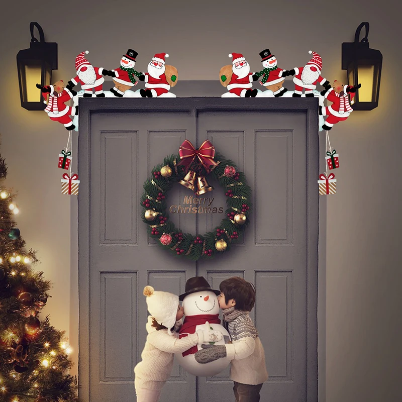 ไม้ Santa Christmas มุมประตูตกแต่งคริสต์มาสกรอบประตูตกแต่ง Snowman Reindeer กรอบป้ายจี้ไม้ Party House Decor