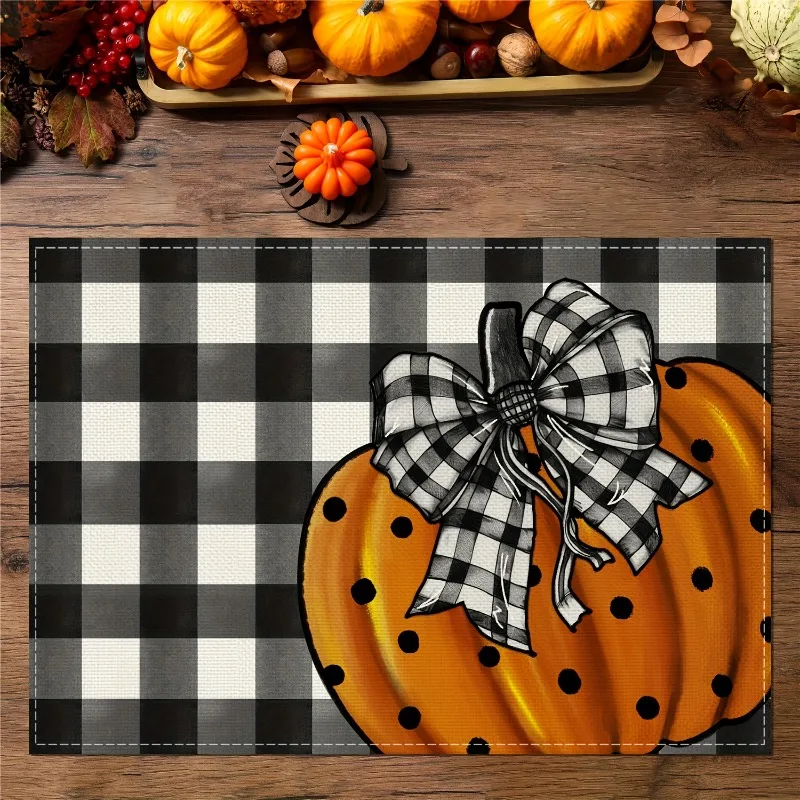

4Pcs Black and White Checkered Bow Pumpkin Placemat 30*45CM Linen Halloween Table Mat for Party Kitchen Wedding Dining Decor
