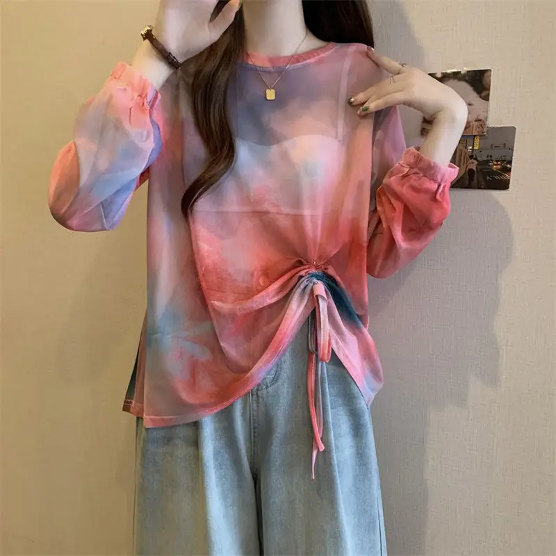 O Neck Loose Perspective Pullovers Summer Thin Ice Silk Lacing Drawstring Tops Tees Simplicity Fashion Casual Clothes for Women