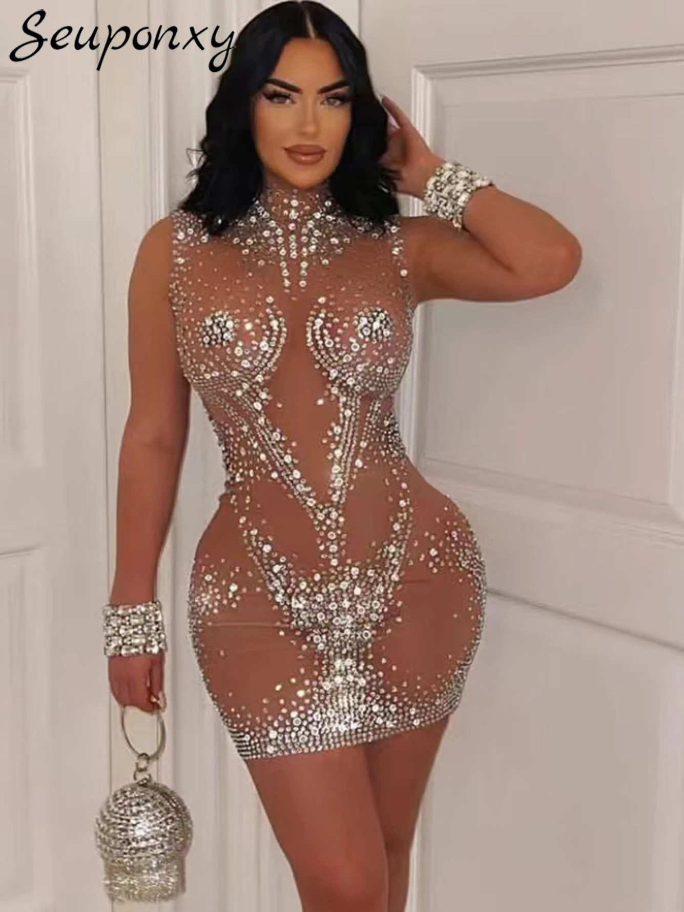 Mini robe à col rond pour femme, maille diamantée luxueuse, marron, sexy, élégante, robe de soirée, haute qualité, 2024