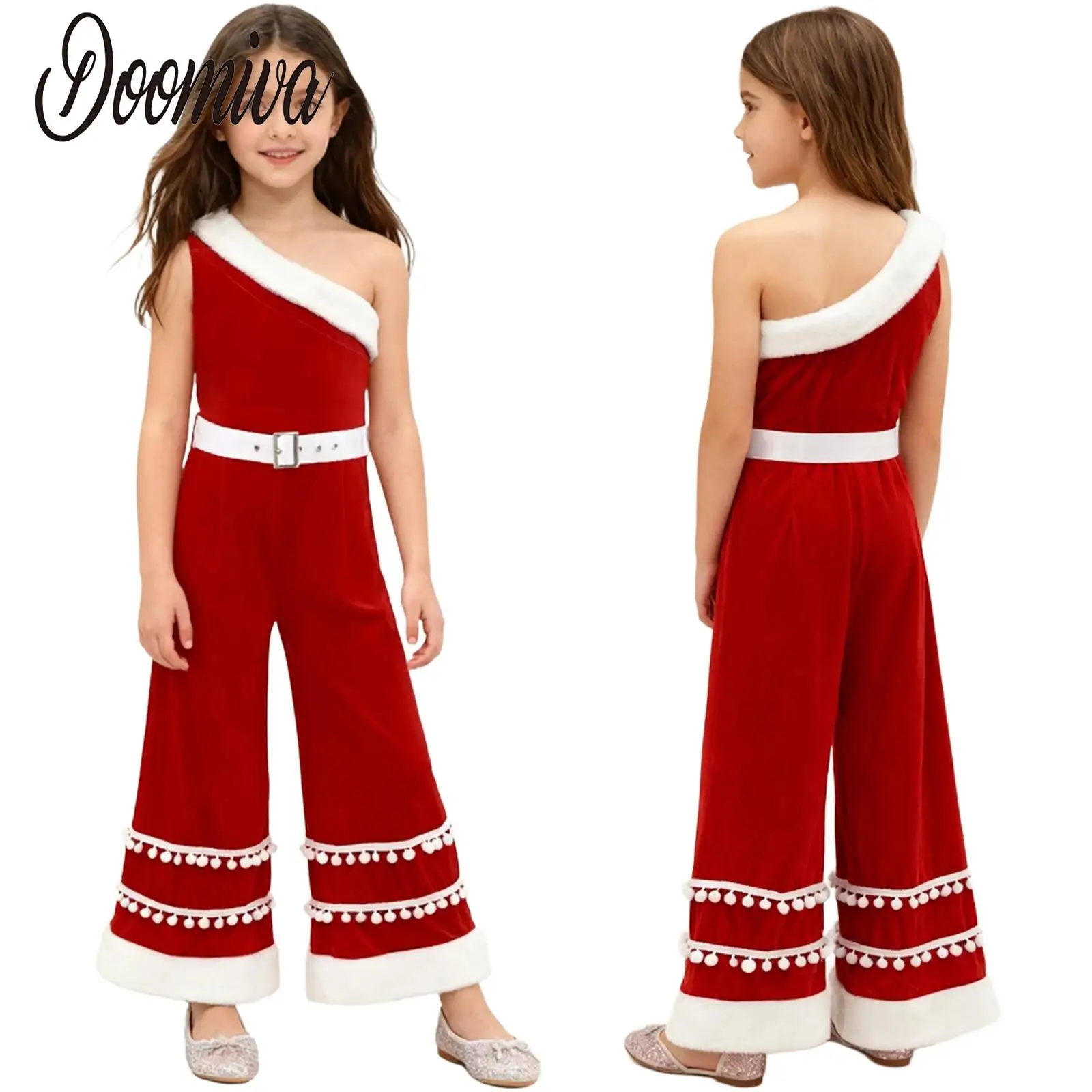 

Girls Christmas Santa Claus Costumes Jazz Dance Leotards Bodysuits One Shoulder Sleeveless Pompom Jumpsuit for Parties Cosplay