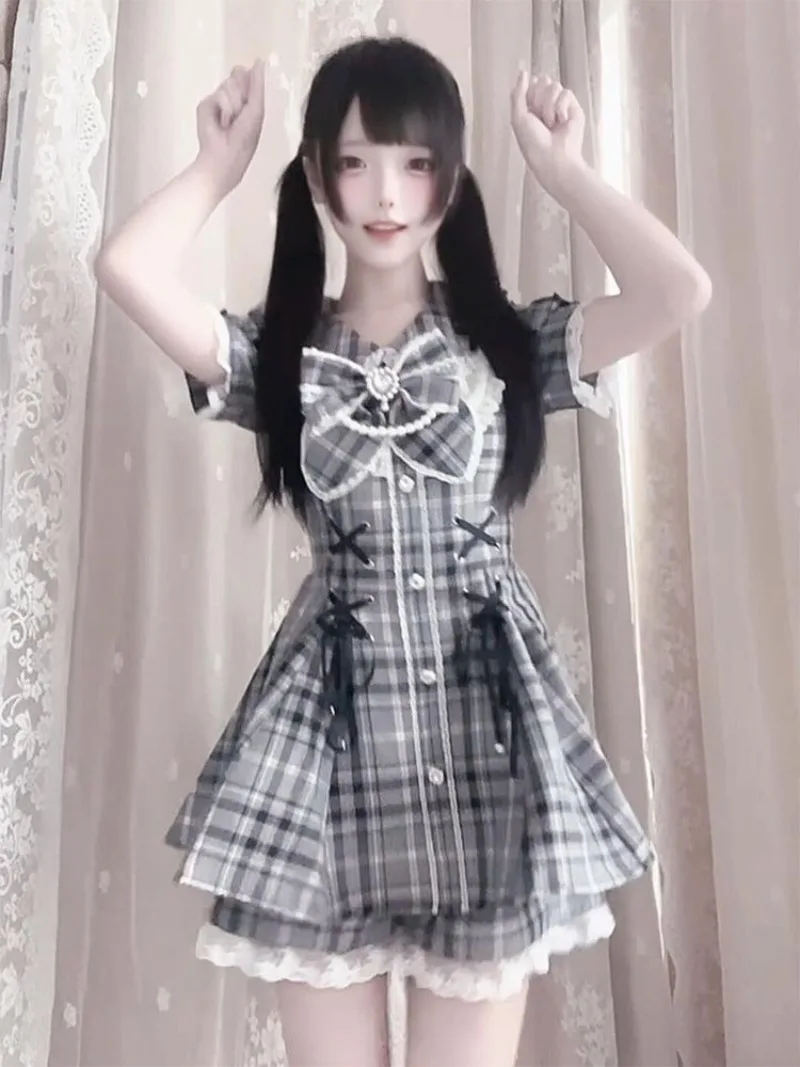 

Japanese Subculture Sweet Girl Kawaii Set Summer Elegant Gothic Design Checkered Dress Set Cute Slim Chic Print Bow Thin Dresses