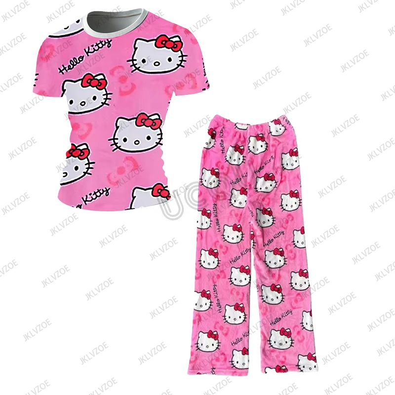 

Hello Kitty, комплект из 2 предметов, мужские брюки, спортивный костюм, летняя спортивная футболка с героями мультфильмов + штаны для сна, одежда унисекс большого размера