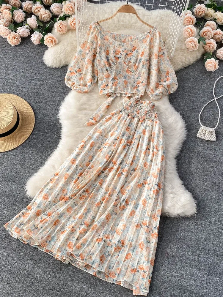 New Women Elegant Floral Skirt Set Female Sleeveless Top & A-Line Midi Skirt Female Casual Suits 2022