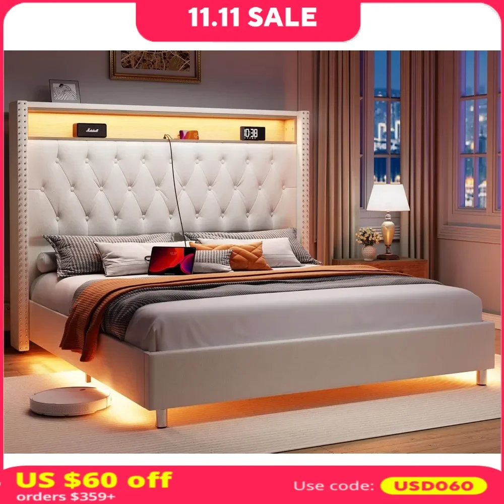 

Bed Frame, LED lights and charging station, velvet high cushioned platform bed, wing back headboard, sports lights,Bed Frame.