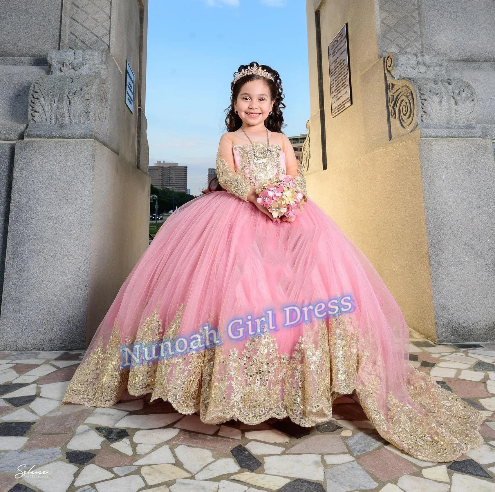 Vestidos de encaje con apliques de flores para niña, vestido de tul de manga larga para boda, vestido de baile de cumpleaños para niños, vestido de fiesta de comunión