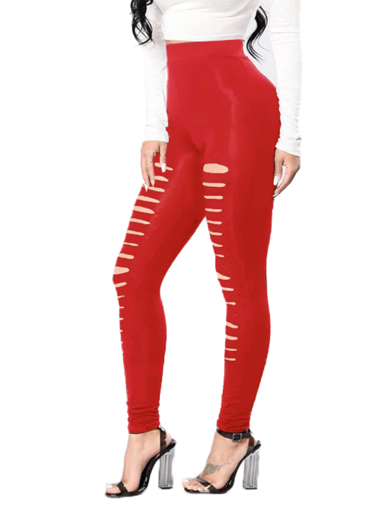 Europe And The United States Spring And Summer Women\'s Red Tight Front Ripped Leggings Women Elastic Front Ripped Leggings Women