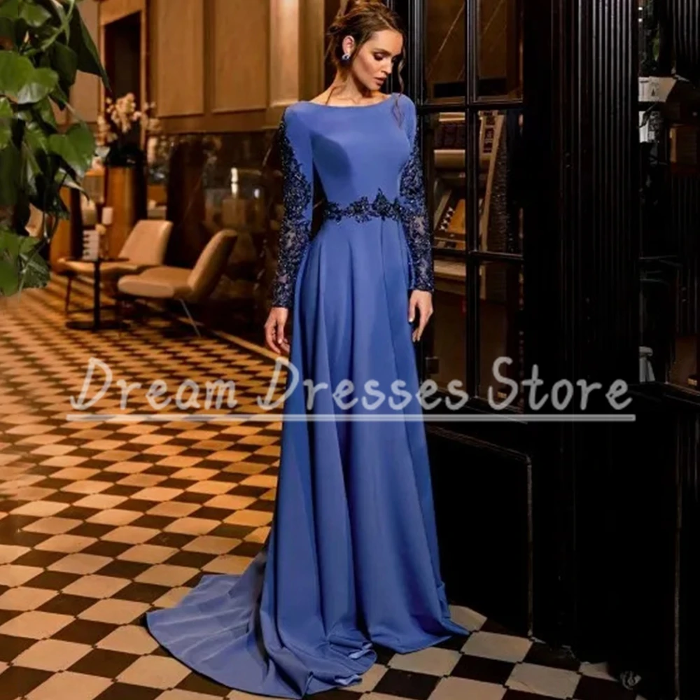 Elegant Scoop Long Sleeve Evening Dresses Applique Beading A-Line Floor Length with Sweep Train Women Formal Party Gowns