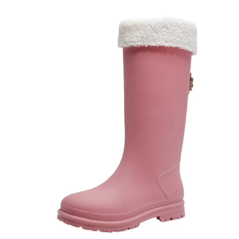 

New Women Fashion Knee High Thick Heels PVC Rain Boots Winter Warm Inserts Slip-on Rainboots Waterproof Water Shoes Wellies