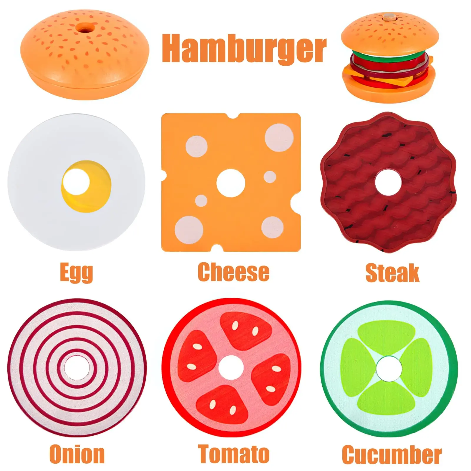 Wooden Burger Sandwich Stacking Toys for Kids Play Food Toy for Toddlers Preschool Kitchen Toys to Develop Fine Motor Skill Gift