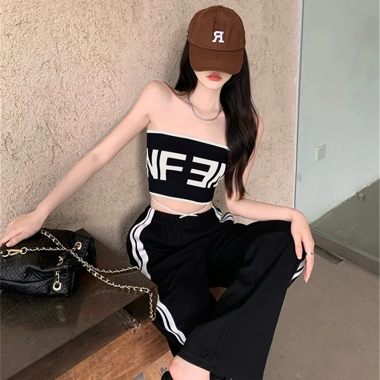 여름 신상 섹시 핫걸 숏 엘라스틱 랩 체스트 아름다운 등라인 컬러 블록 슬림 레터 니트 튜브탑 6201