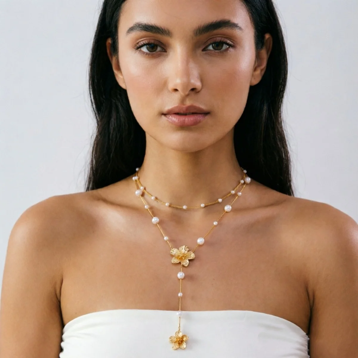 Französische Ästhetik Simulierte Perlenblumen-Anhänger-Halskette für Frauen Eleganter Metall-Blumen-Y-förmiger Choker Hochzeitsschmuck – Detail 20