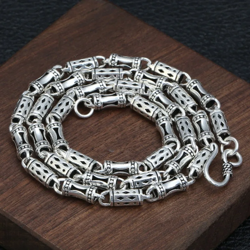 

Real Solid 925 Sterling Silver Chain Men Hollow Column Beads Link Necklace 48g/70cm