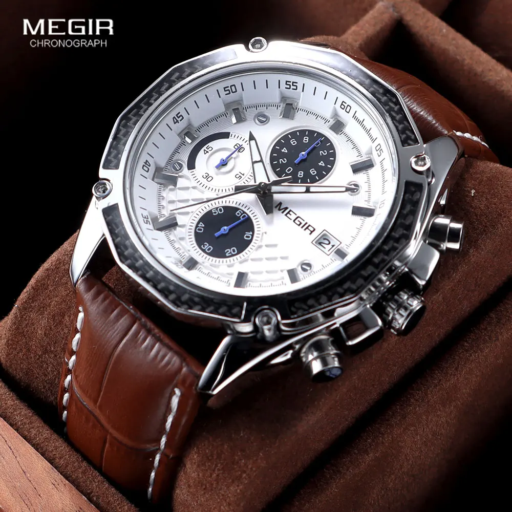 MEGIR quartz male watches Genuine Leather watches racing men Students game Run Chronograph Watch male glow hands for Man 2015G