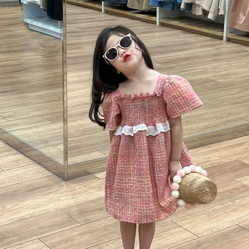 Summer New Korean Style Children Clothing Girl Sweet Bubble Plaid Lace Pull Pleated Princess Short Sleeved Dress