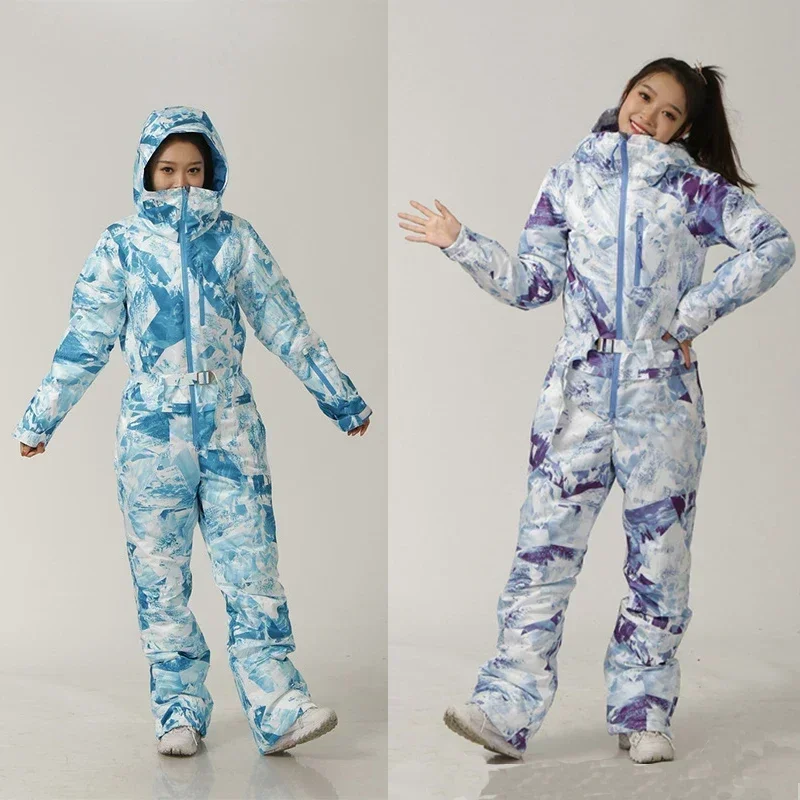 2025 einteiliger Ski anzug Winter Frauen Sport wasserdichte Outdoor-Overalls Snowboard Frau Schnee overall warme Kapuzen kleidung