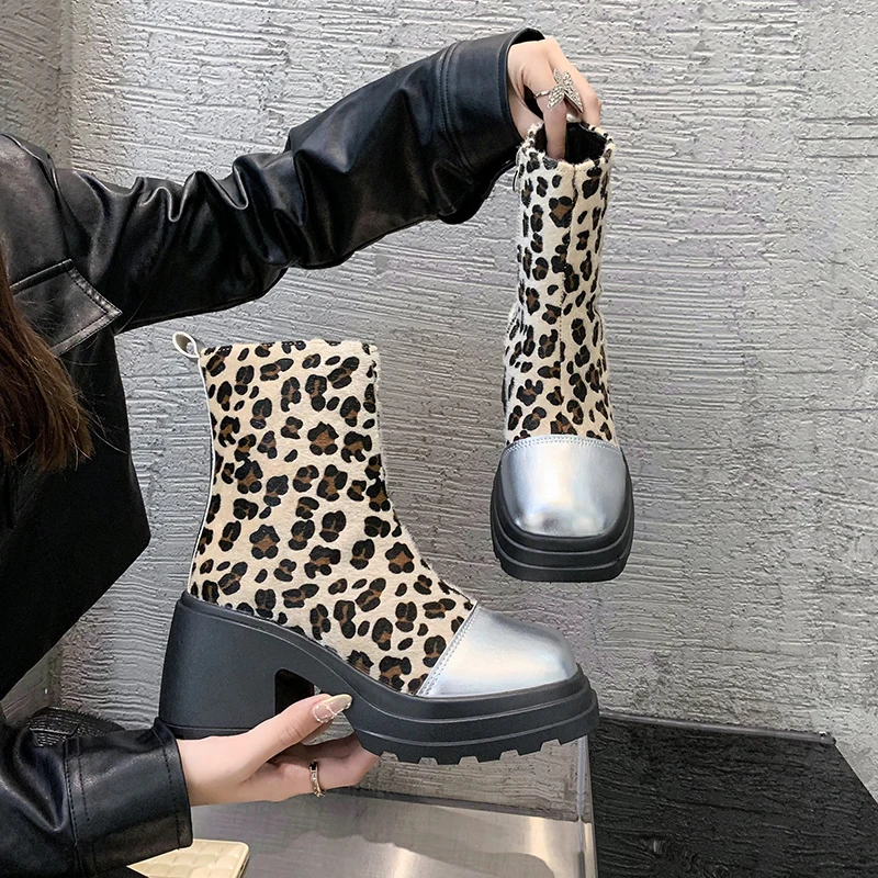 Thick-soled Round-toe Cigar Boots Women\'s High-heel Wide-step Short Boots Mid-calf Thick-soled Slim Arrival Autumn/winter