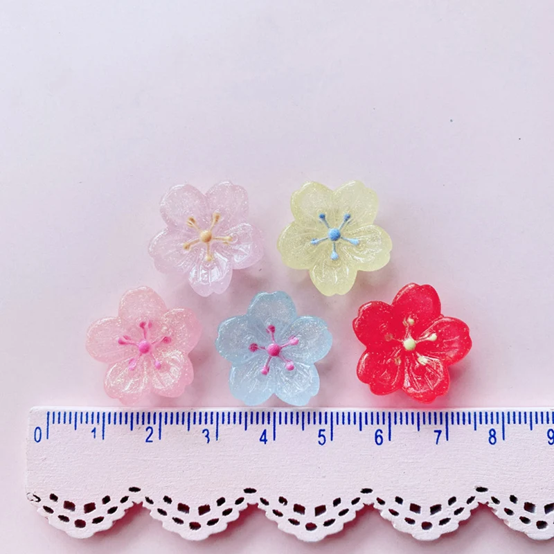 10Pcs Glitter Cherry Blossom Flowers Resin Jewelry Accessories Hairpin Hair Ring Jewelry Material DIY Appliques Phone Deco Part