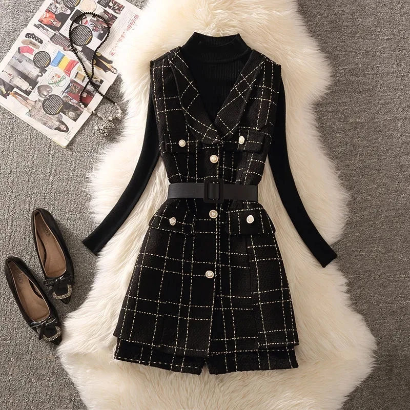 Vintage Design Plaid Tweed 3 pezzi Set donna elegante gilet di media lunghezza con cintura + pantaloncini pantalone + maglione lavorato a maglia