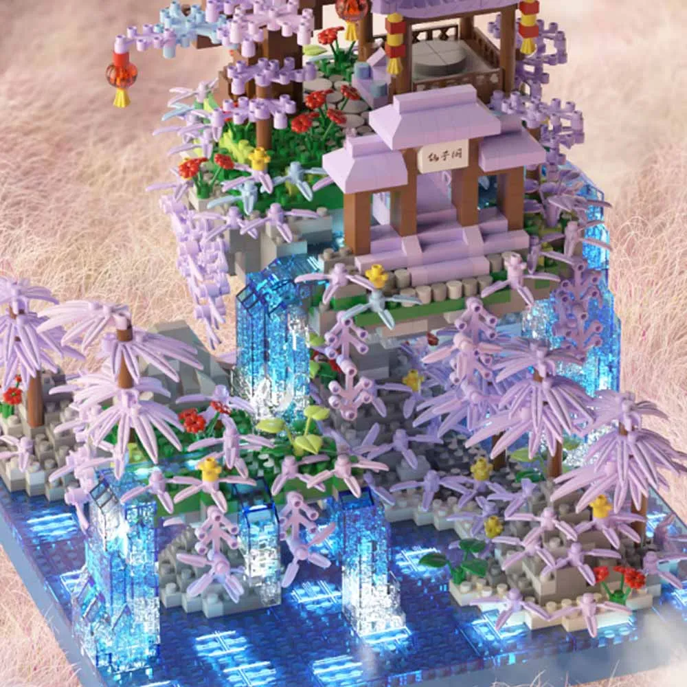 MOC forêt lacs arbre château maison blocs de construction ensemble cascade avec lumière bricolage jouets pour enfants anniversaire vacances cadeaux spéciaux