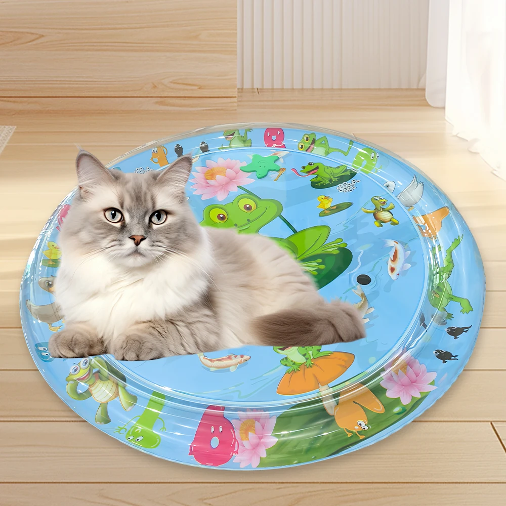 Haustier-Kühlmatte mit Ozean-Thema für Kätzchen, 1 Stück, kleine Katze, Kunststoff, rund, aufblasbares Wasserpad, Haustier-Kühlgerät