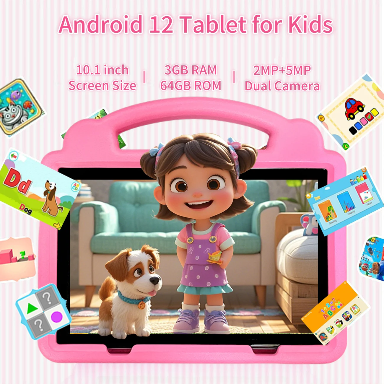 10.1''kids tablet , Android12, 3+64GB, 2+5MP, 4000mAh, expandable 1TB, high-definition , parental control,holiday gift,EVA CASE