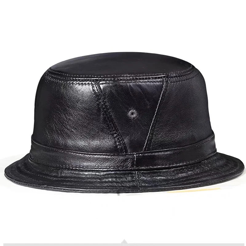 Man Real Leather Flat Bucket Hats Male Outdoor Potted Short Brim Black/Brown Hip Pop Gorras Elderly Literature Fishing Cap