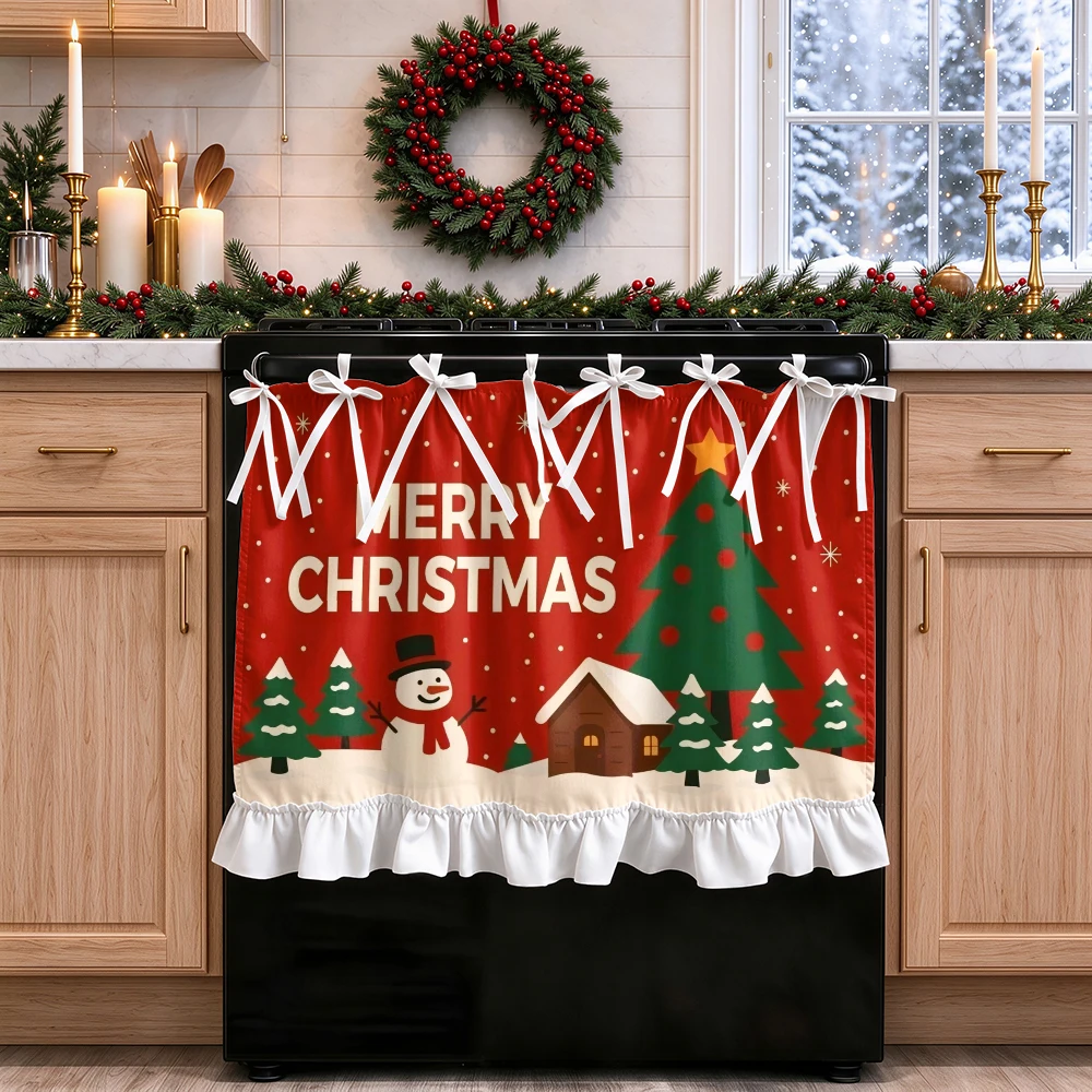 1PC Christmas Tie Up Kitchen Curtain, Red Merry Chr, Digital Print, Kitchen Dining Room Cafe Office, Home Decor Window Treatment