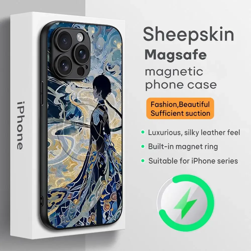 TGG Genshin Impact Zhongli جراب هاتف آيفون 16 15 14 13 12 11 Plus Pro Max الراقية الفاخرة Magsafe جلد الغنم