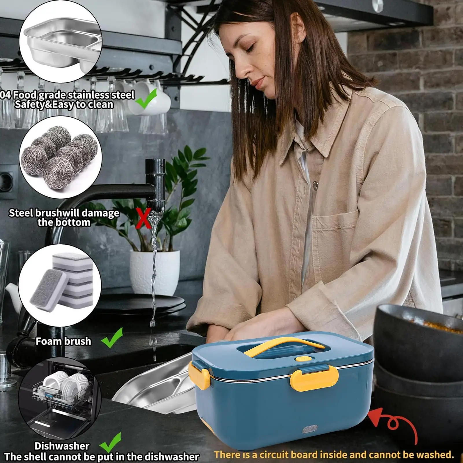 Aquecedor elétrico de alimentos para lancheira - 2 compartimentos, 80 W portátil, 12 V/24 V/110 V para trabalho/carro/caminhão, recipiente 304 SS removível de 1,5 L