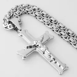 Fashion Silver Color Jesus Cross Stainless Steel Pendants Necklaces Byzantine Long Chain Necklace for Women Men Jewelry