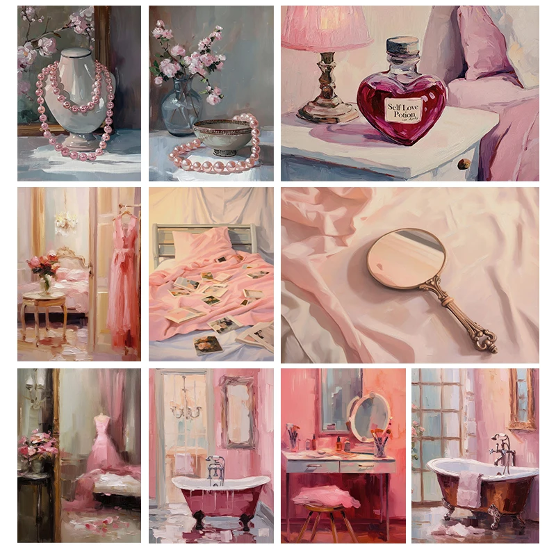 Розовое зеркальное жемчужное ожерелье, модный постер натюрморта, печать на холсте, настенная художественная картина для гардеробной, девчачий декор для ванной комнаты, подарок Розовое зеркальное жемчужное ожерелье, модный постер натюрморта, печать на холсте, настенная художественная картина для гардеробной, девчачий декор для ванной комнаты, подарок