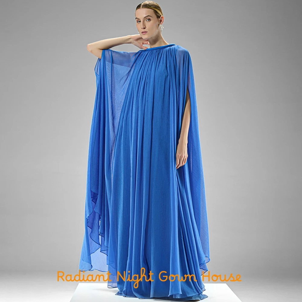 Durchsichtiges blaues Chiffon-Abendkleid mit langen Ärmeln, maßgeschneiderte Kleider für besondere Anlässe, zarte Ballkleider mit O-Ausschnitt