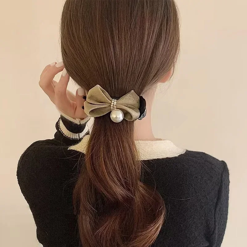 Mutiara busur ekor kuda pemegang manis mewah rambut cakar Mode Korea jepit rambut elegan lembut padat klip rambut untuk anak perempuan jepit rambut hiasan kepala