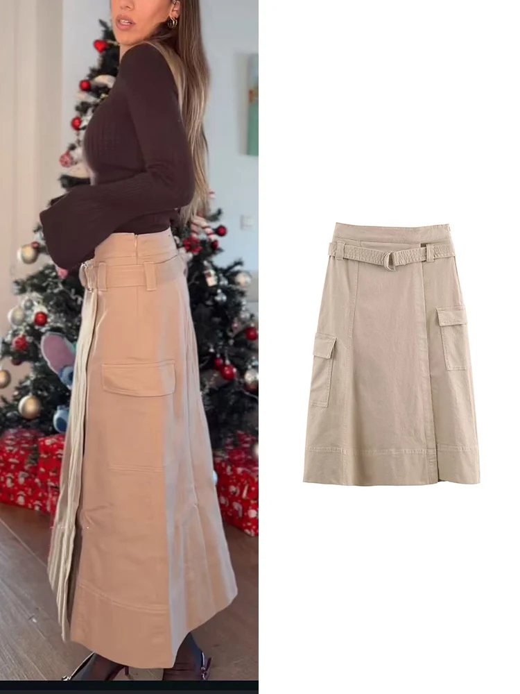 

﻿ TFMLN женская прямая длинная юбка-карго, модные однотонные юбки-миди, винтажная уличная одежда, украшение с большим карманом, повседневная женская юбка