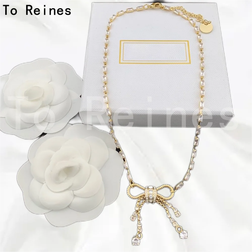 To Reine New Fashion Diamond Necklace Women's Vintage Bow Pendant Chain Ladies Wedding Party Jewelry Gift Colar Collares