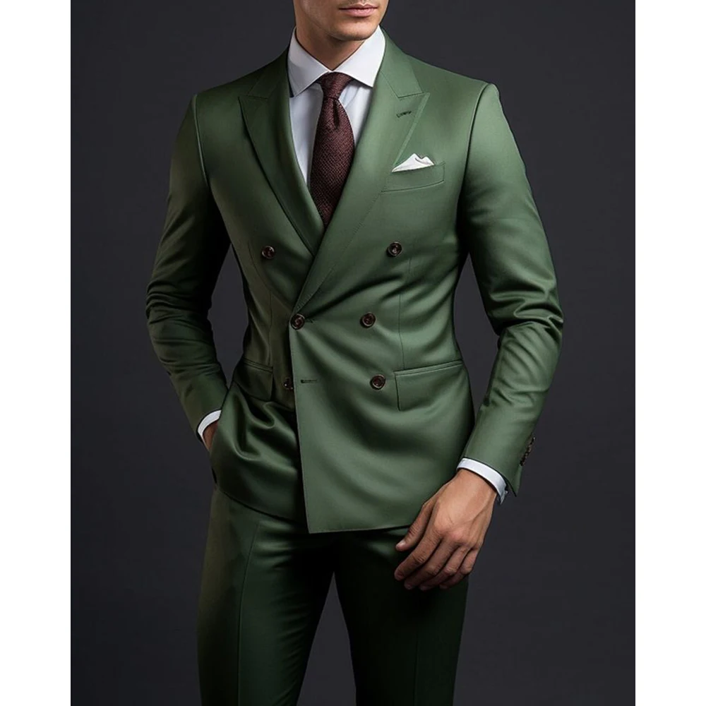 Double Breasted Green Peak Lapel Formal Party Men\'s Suit Regular Length Elegant Blazer 2 Piece Jacket Pants Luxury Male Clothing