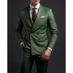 Double Breasted Green Peak Lapel Formal Party Men's Suit Regular Length Elegant Blazer 2 Piece Jacket Pants Luxury Male Clothing