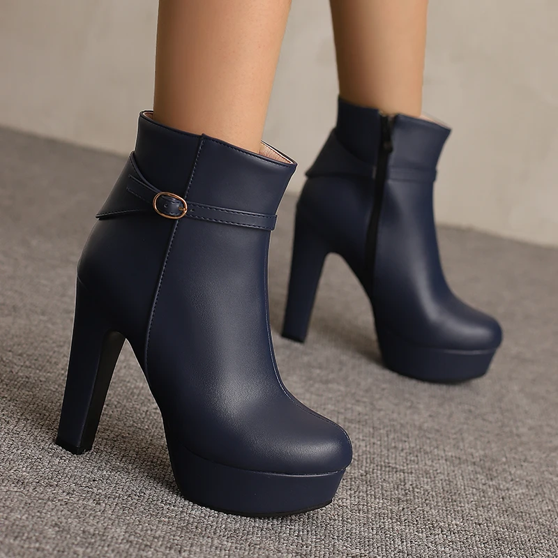 

Handcrafted Multi-color Optional 12CM Thick Heel Round Head Waterproof Table Pu Fashion Double Zipper in The Tube Naked Boots