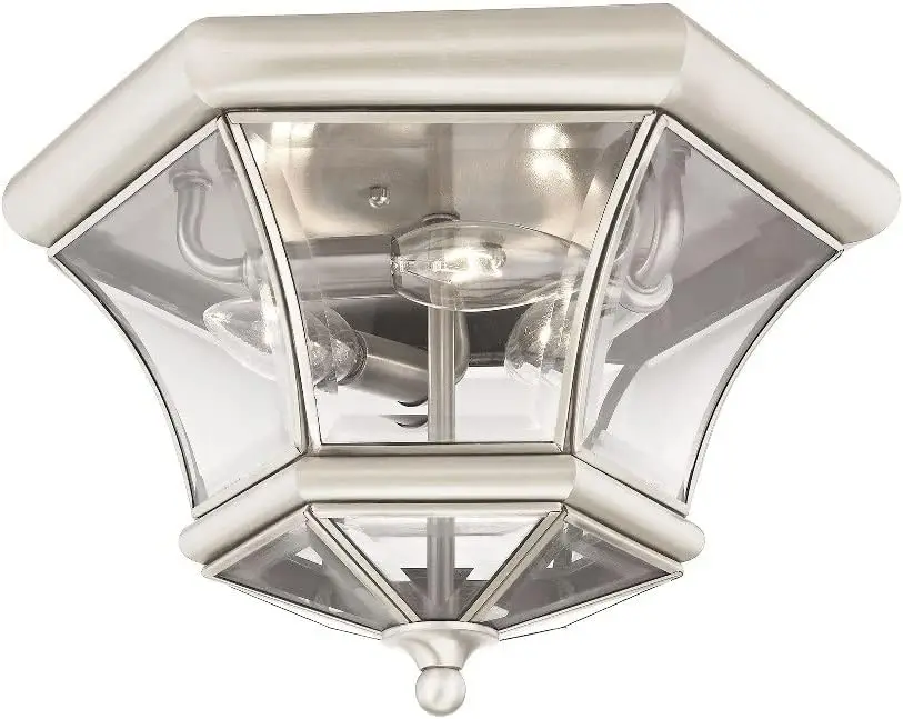 Lighting 7053-91 Monterey 3 Light Outdoor/Indoor Brushed Nickel Finish Solid Brass Flush Mount With Clear Beveled Glass