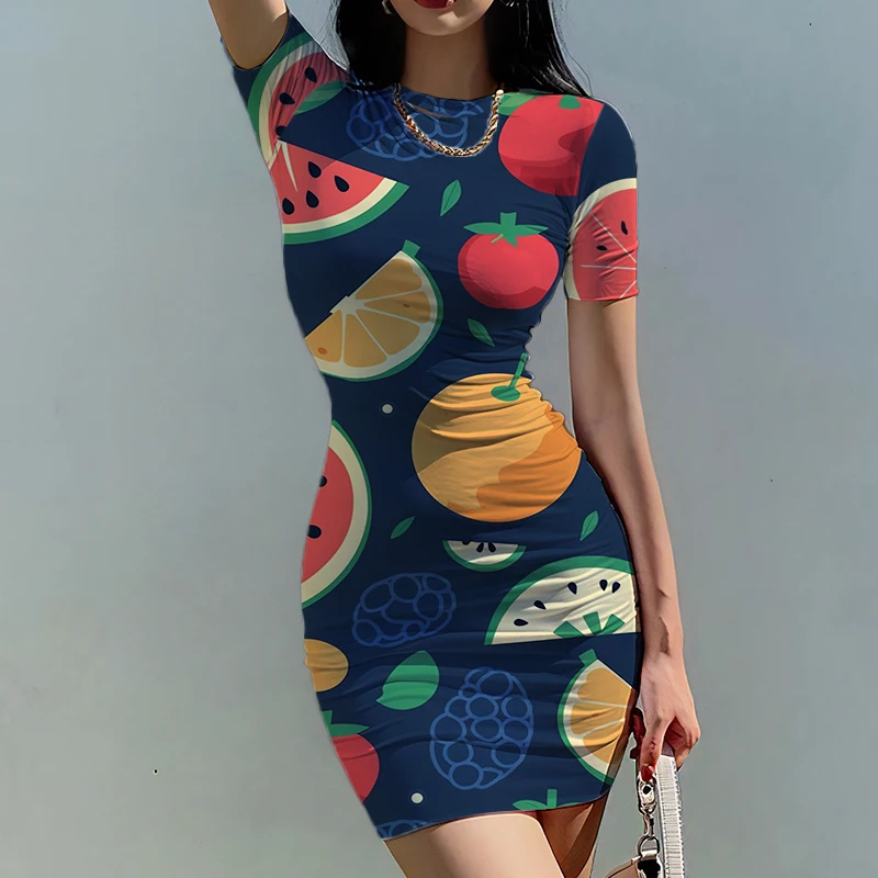 Summer new ladies slim dress many fruits 3D printed ladies dresses fun style ladies slim dress fashion trend women's slim dress