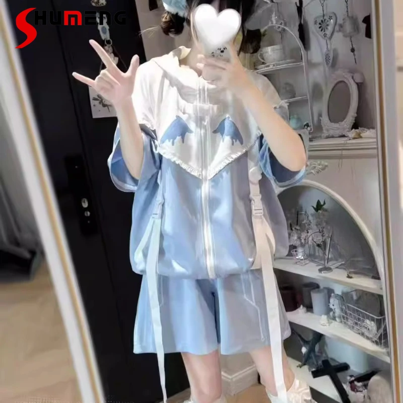 

Japanese Subculture Aqua System Detachable Sleeves Top Hoodies Sweet Cute Fox Ear Hooded Sweatshirts Boutique Women's Outfit Set