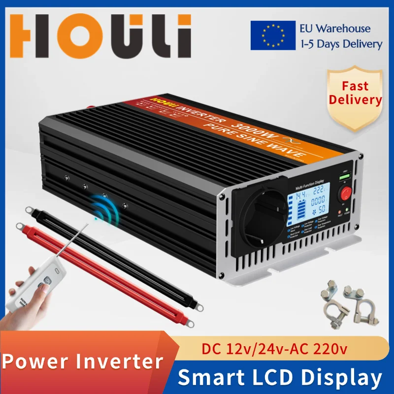 HOULI Inverter 12v 220v clean sinys pure sine wave home-appliance 24V 6000W Solar Frequency converter EU socket LCD